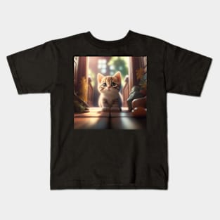 Cute Brown Kitten at Home | White, brown and red cat with green eyes | Digital art Sticker Kids T-Shirt